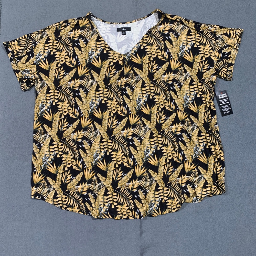Ellos‎ Womens 2X 26/28 Black Gold Tropical Leaf V Neck Short Sleeve T-Shirt Top